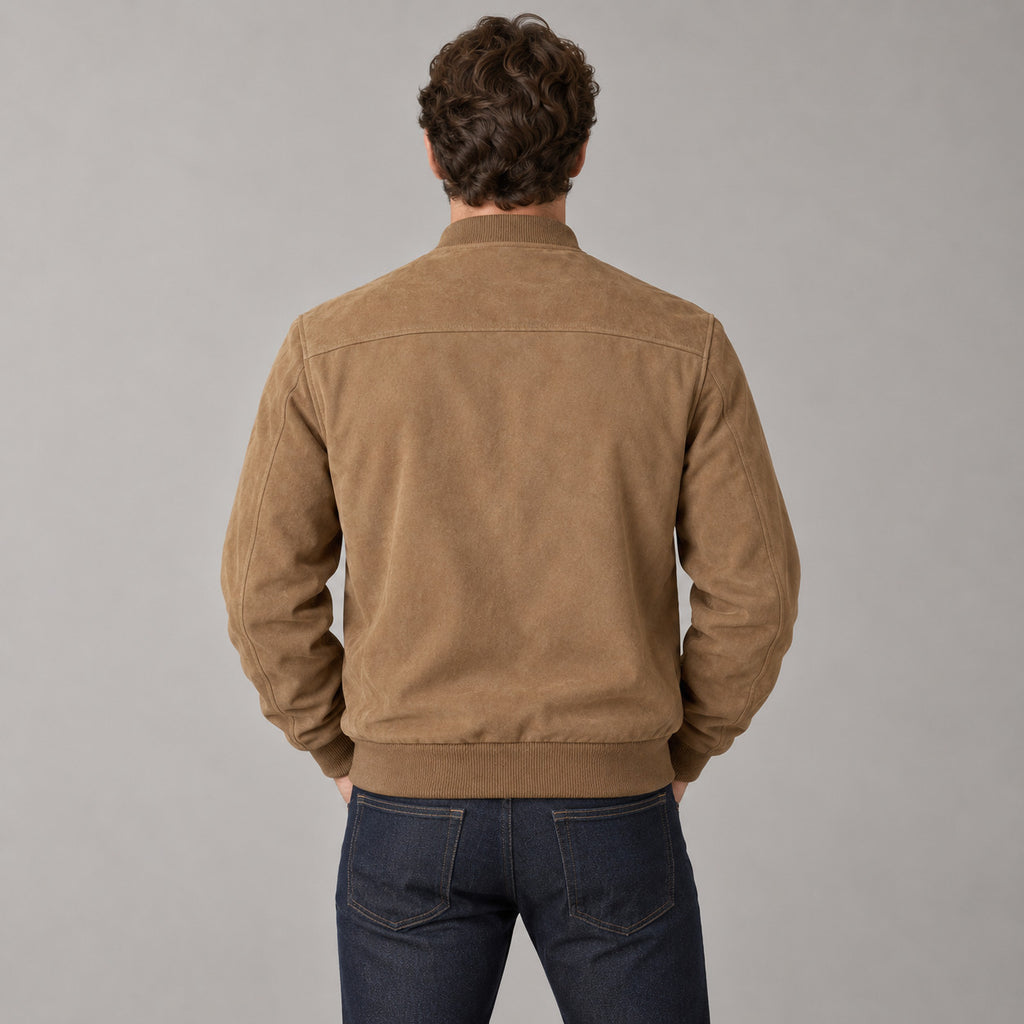 Kinloch Faux Suede Bomber Jacket — Back of the caramel faux-suede bomber jacket worn, showing the horizontal back yoke and ribbed hem.