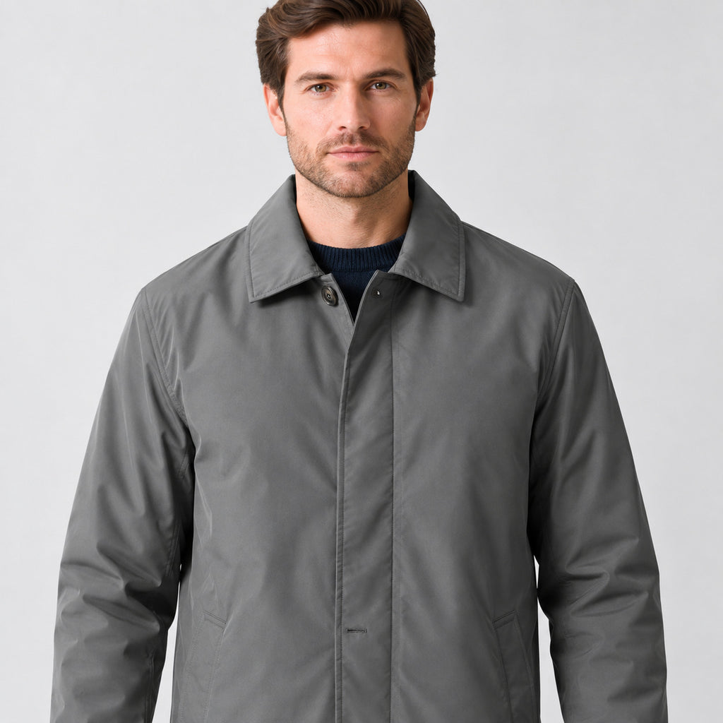 Chalcot Quilted Car Coat — Dark gray car coat worn, cropped from the shoulders to the waist to show the collar and button placket.