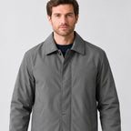 Chalcot Quilted Car Coat — Dark gray car coat worn, cropped from the shoulders to the waist to show the collar and button placket.