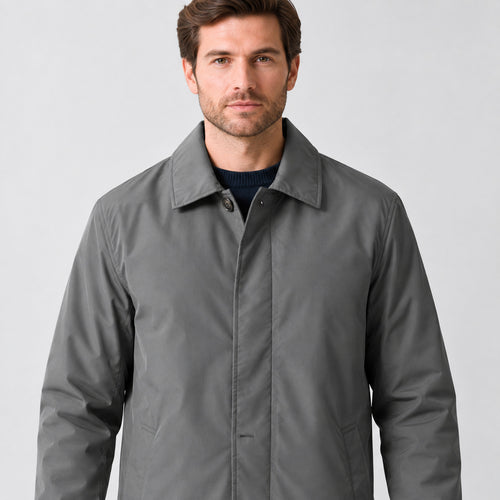 Chalcot Quilted Car Coat — Dark gray car coat worn, cropped from the shoulders to the waist to show the collar and button placket.