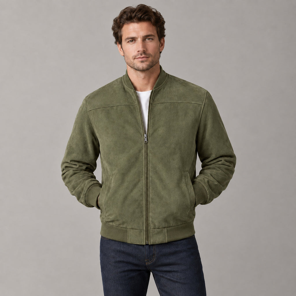 Kinloch Faux Suede Bomber Jacket — Olive faux-suede bomber jacket worn by a model against a neutral studio backdrop.
