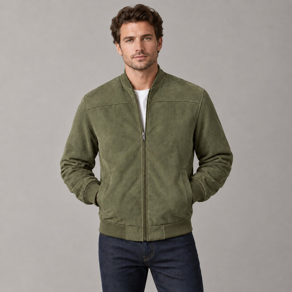 Kinloch Faux Suede Bomber Jacket — Olive faux-suede bomber jacket worn by a model against a neutral studio backdrop.