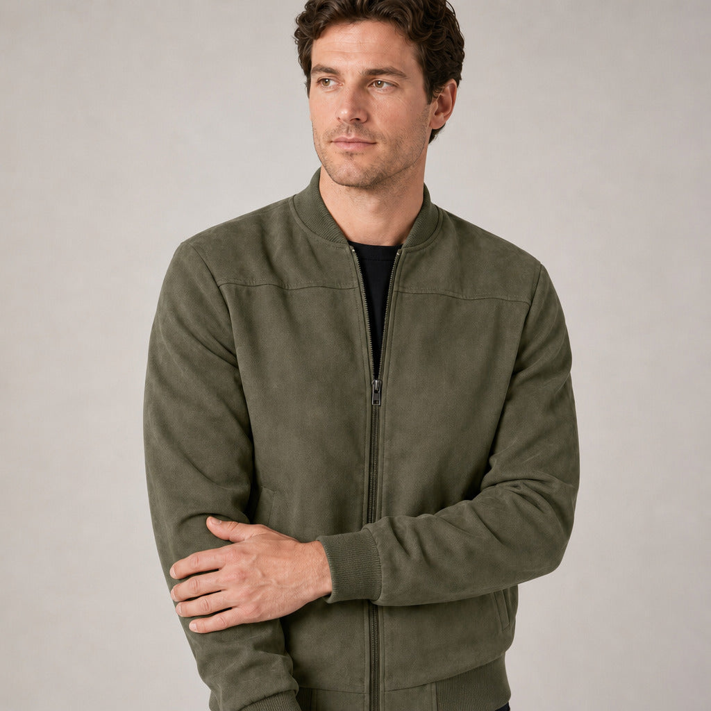Hartfield Faux Suede Bomber Jacket — Army green faux-suede bomber jacket worn, cropped from the shoulders to the waist to show the stand collar and zip closure