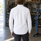 Longford Cotton Oxford Shirt — Back of the white cotton oxford shirt worn, showing the back yoke.