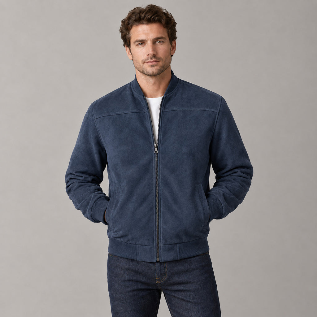 Kinloch Faux Suede Bomber Jacket — Navy faux-suede bomber jacket worn by a model against a neutral studio backdrop.