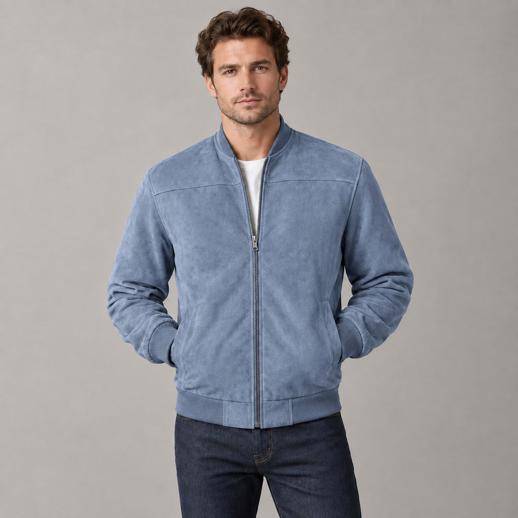 Kinloch Faux Suede Bomber Jacket — Light blue faux-suede bomber jacket worn by a model against a neutral studio backdrop.