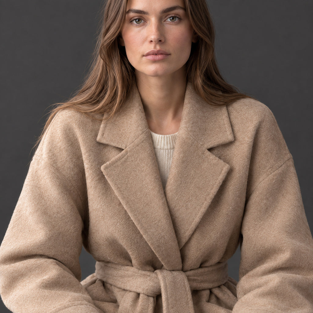 Tamworth Belted Wrap Coat — Camel belted wrap coat worn, cropped to show the notched collar and tie belt.