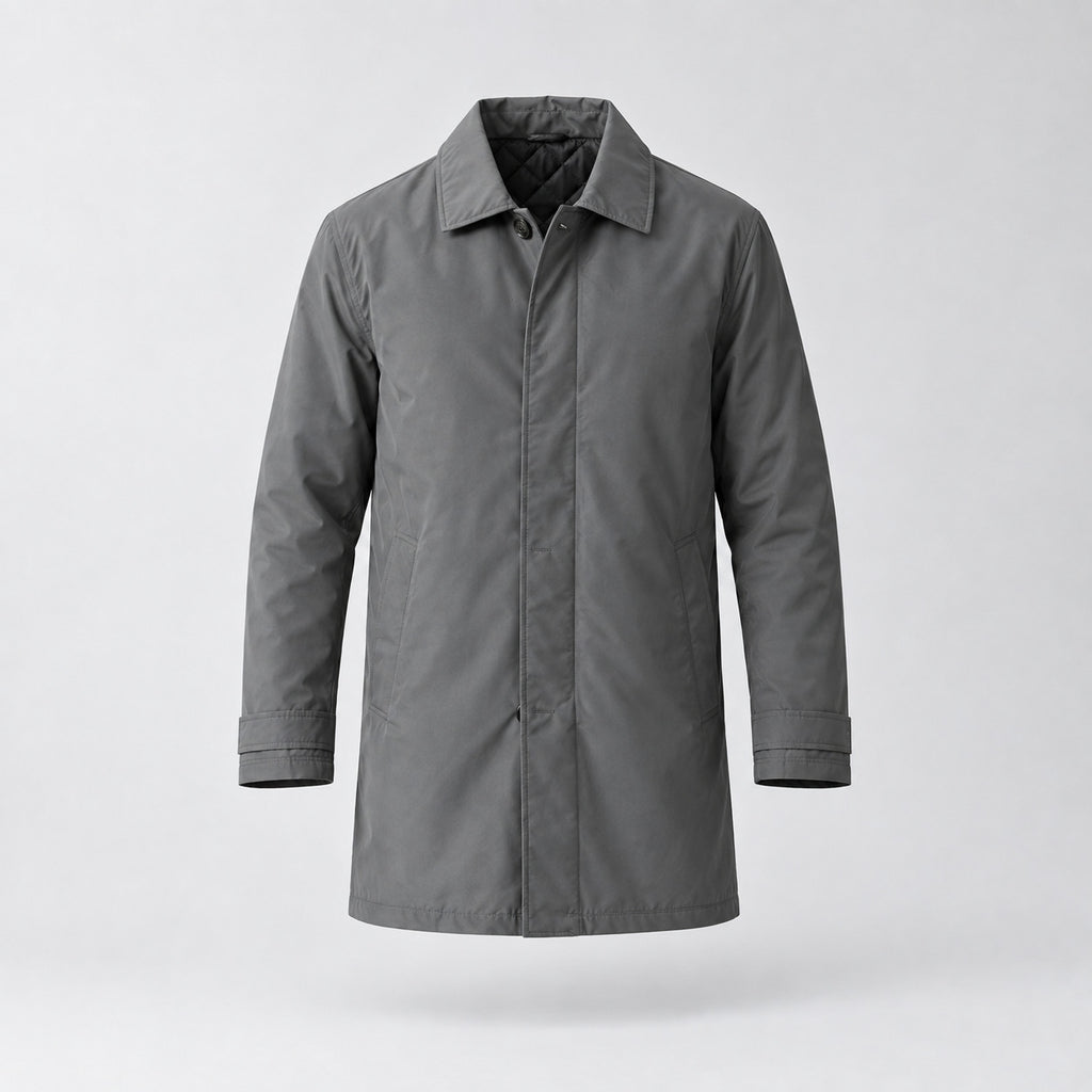Chalcot Quilted Car Coat — Dark gray car coat shown on its own hovering against a neutral studio backdrop.