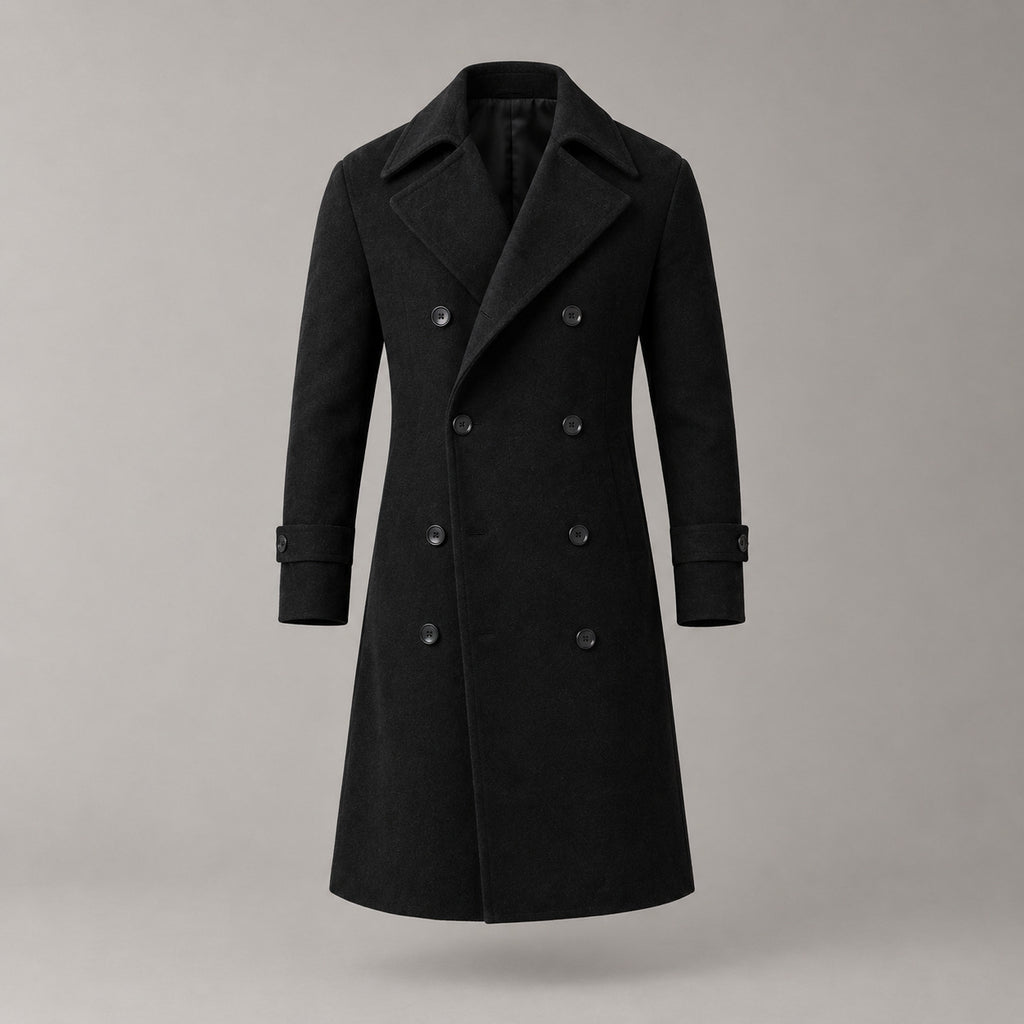 Norbury Cotton Blend Trench Coat — Black double-breasted trench coat displayed on its own against a pale stone studio backdrop.