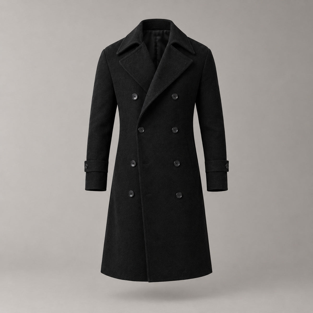 Norbury Cotton Blend Trench Coat — Black double-breasted trench coat displayed on its own against a pale stone studio backdrop.