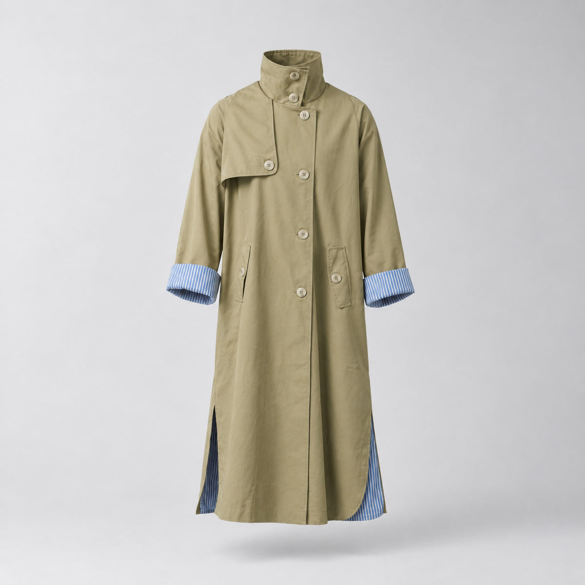 Aynho Oversized Trench Coat — Khaki oversized long trench coat shown on its own against a neutral studio backdrop.
