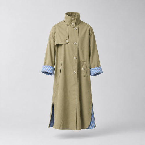 Aynho Oversized Trench Coat — Khaki oversized long trench coat shown on its own against a neutral studio backdrop.