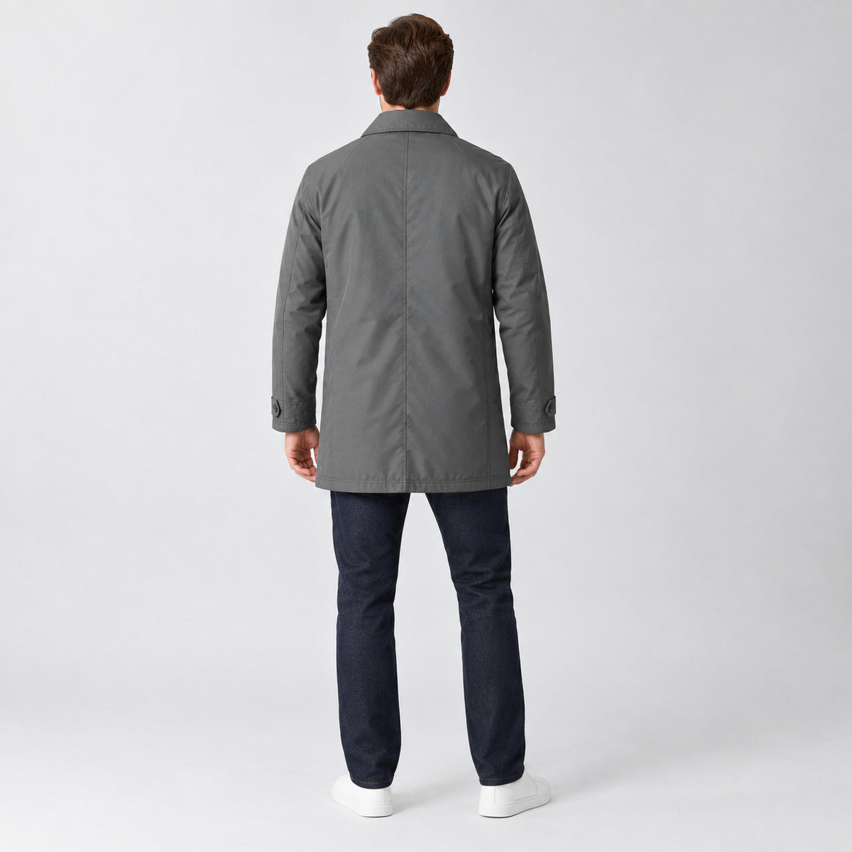 Chalcot Quilted Car Coat — Back of the dark gray car coat worn, showing the centre back seam.