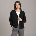 Merrion Fine Knit Cardigan — Black V-neck button-down cardigan worn by a model against a seamless studio wall.