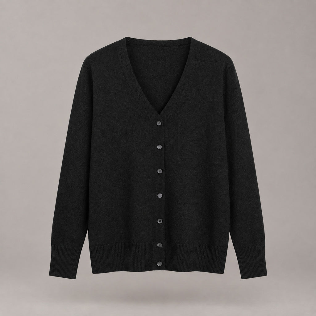 Merrion Fine Knit Cardigan — Black V-neck button-down cardigan laid flat against a neutral studio backdrop.