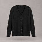 Merrion Fine Knit Cardigan — Black V-neck button-down cardigan laid flat against a neutral studio backdrop.