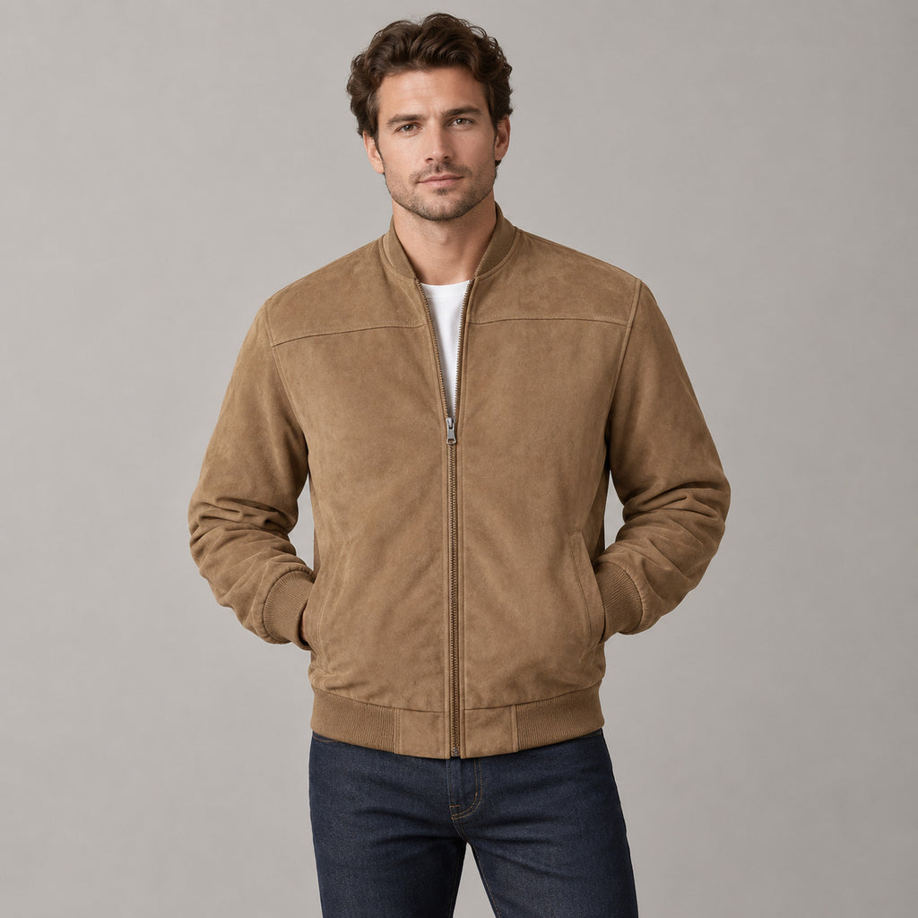 Kinloch Faux Suede Bomber Jacket — Caramel faux-suede bomber jacket worn by a model against a neutral studio backdrop.
