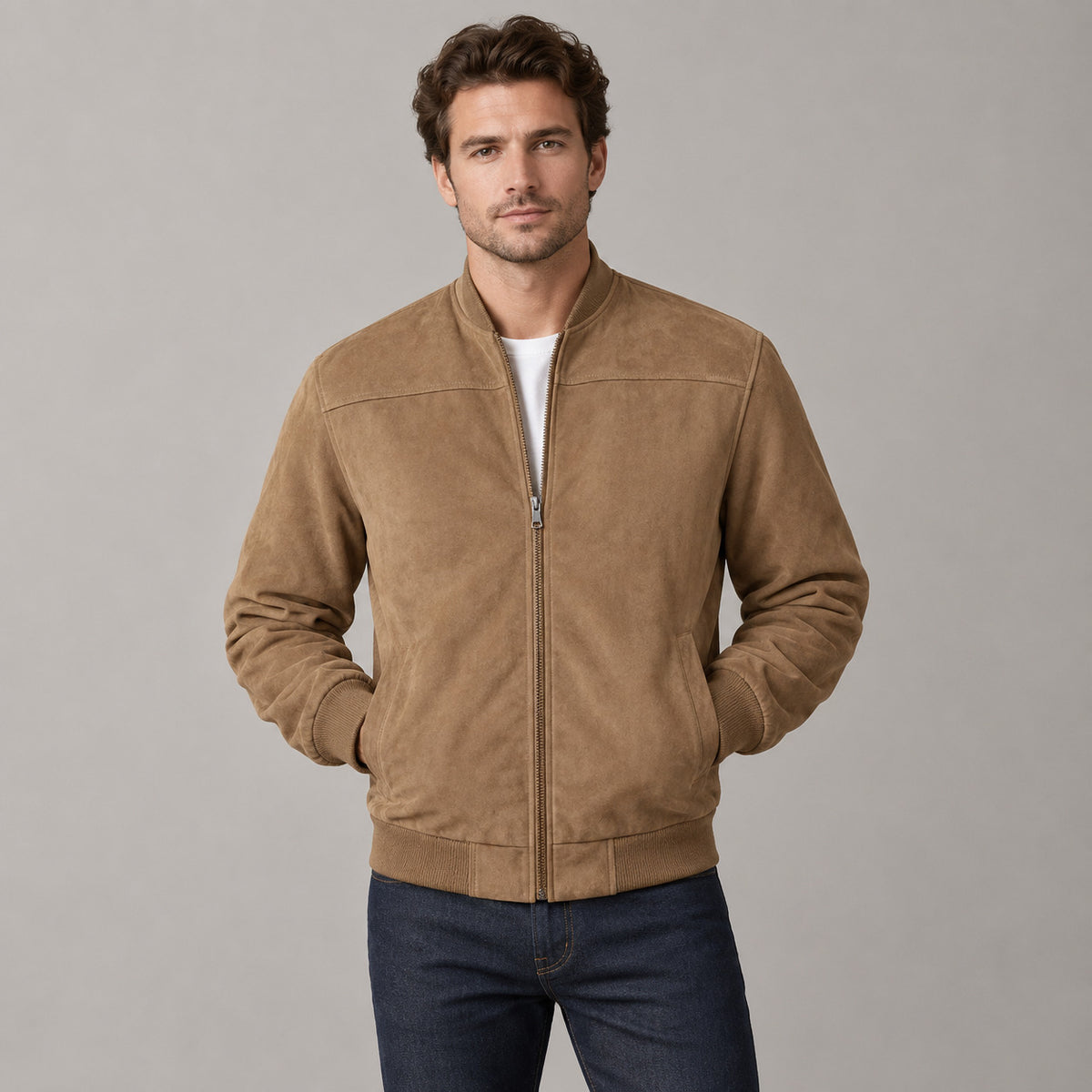Kinloch Faux Suede Bomber Jacket — Caramel faux-suede bomber jacket worn by a model against a neutral studio backdrop.