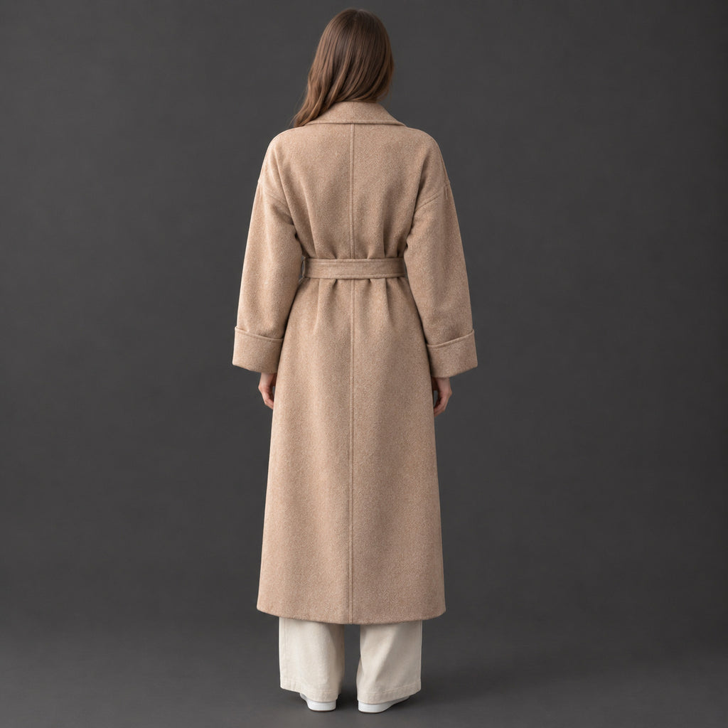 Tamworth Belted Wrap Coat — Back of the camel belted wrap coat worn, showing the center back seam.