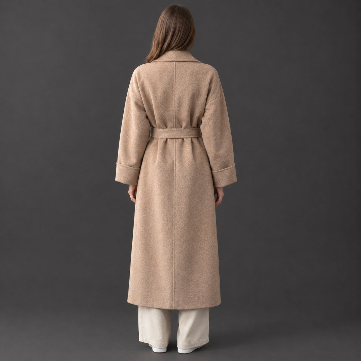 Tamworth Belted Wrap Coat — Back of the camel belted wrap coat worn, showing the center back seam.
