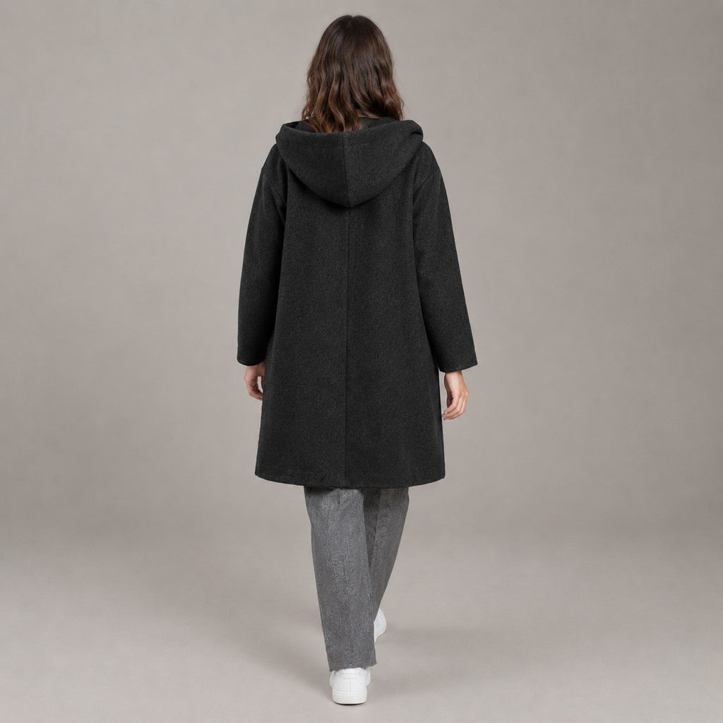 Lothian Brushed Hooded Coat — Back of the solid black relaxed mid-length hooded coat worn, showing the centre back seam.
