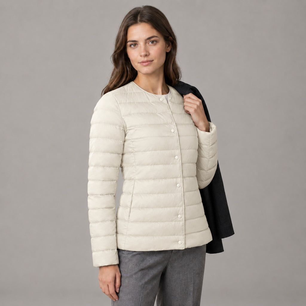 Hatherley Quilted Down Jacket — Off-White collarless quilted down jacket worn by a model in a neutral studio setting.