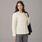 Hatherley Quilted Down Jacket — Off-White collarless quilted down jacket worn by a model in a neutral studio setting.