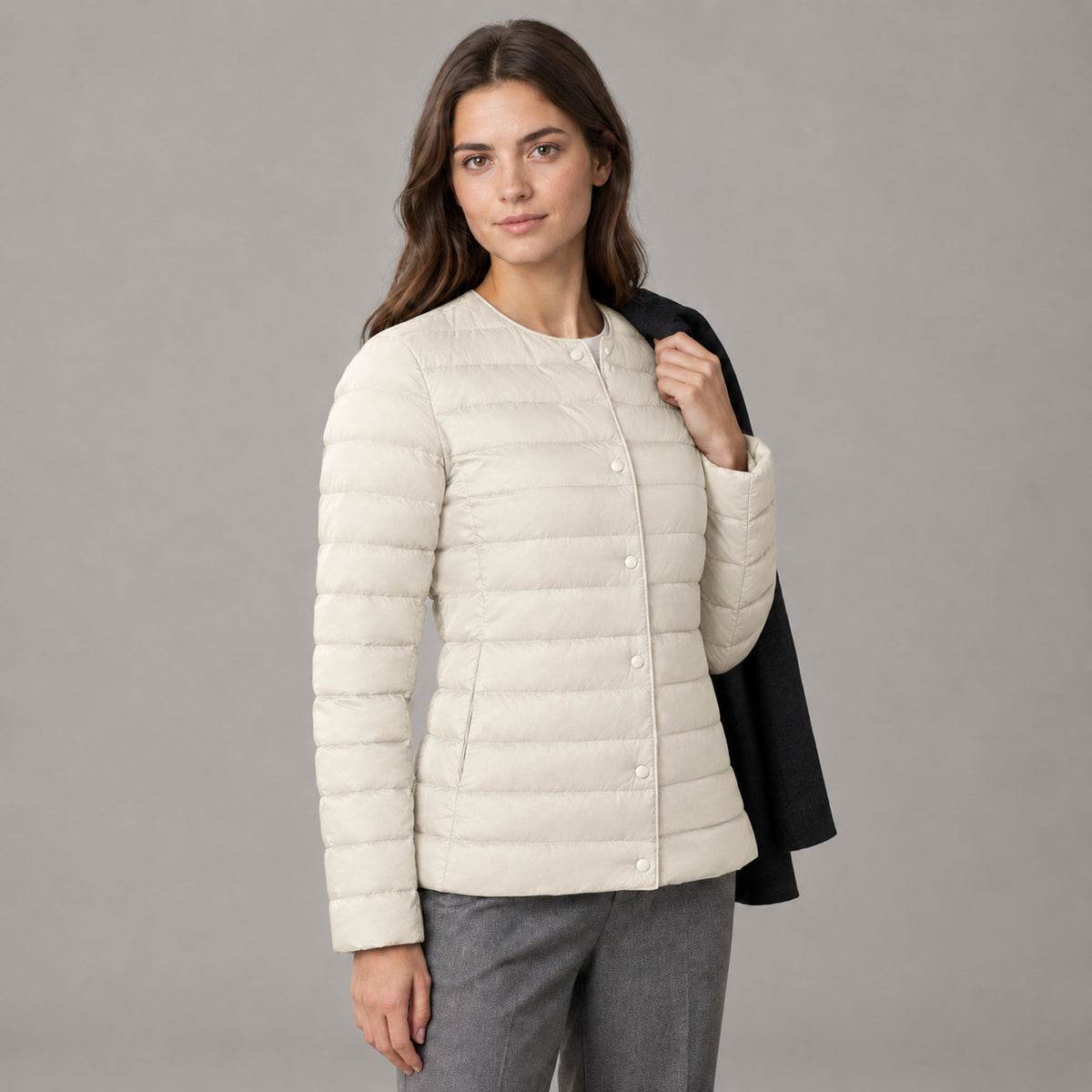 Hatherley Quilted Down Jacket — Off-White collarless quilted down jacket worn by a model in a neutral studio setting.