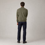 Hartfield Faux Suede Bomber Jacket — Back of the army green faux-suede bomber jacket worn, showing the back yoke