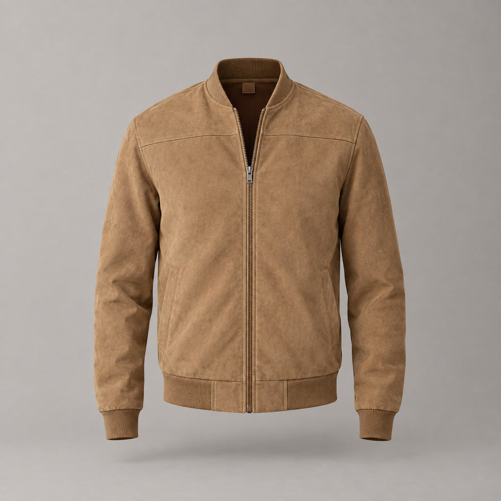 Kinloch Faux Suede Bomber Jacket — Caramel faux-suede bomber jacket displayed upright on its own against a neutral studio backdrop.