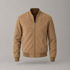 Kinloch Faux Suede Bomber Jacket — Caramel faux-suede bomber jacket displayed upright on its own against a neutral studio backdrop.