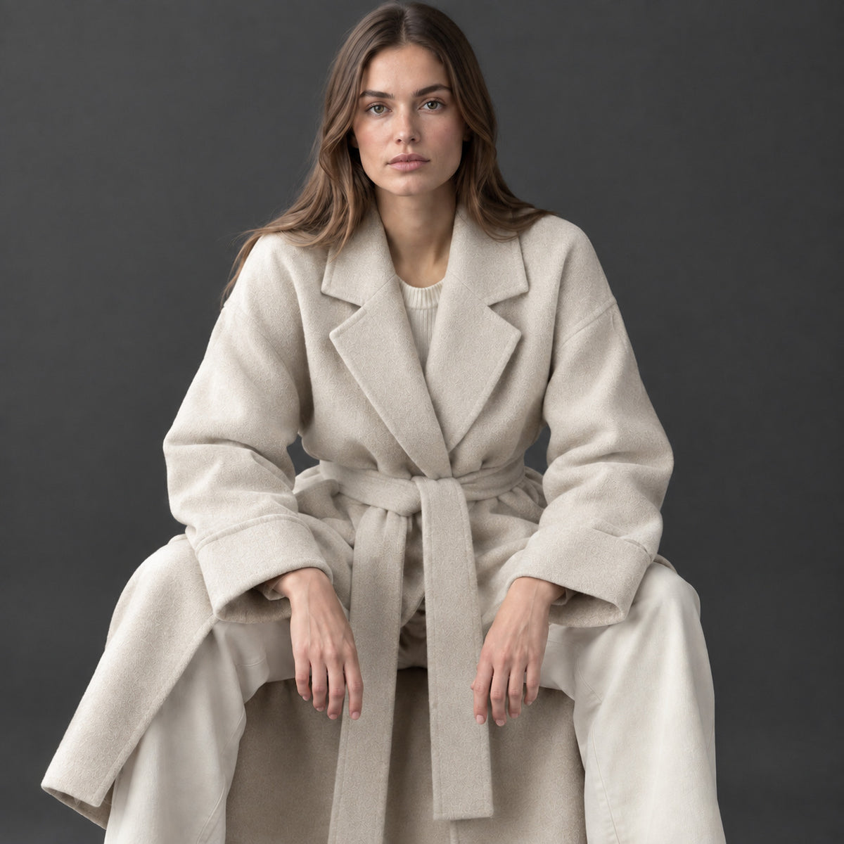 Tamworth Belted Wrap Coat — Ecru belted wrap coat worn by a model in a studio setting.