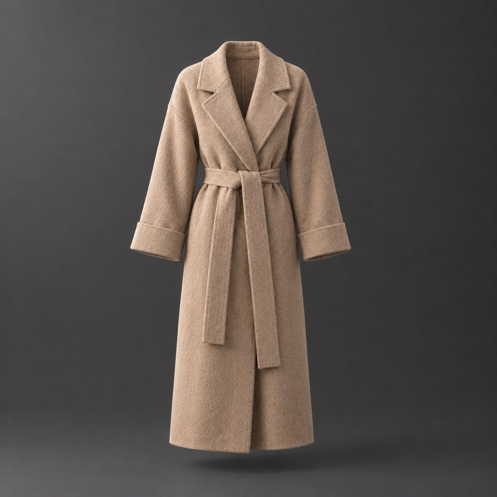 Tamworth Belted Wrap Coat — Camel belted wrap coat displayed alone against a studio backdrop.