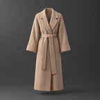 Tamworth Belted Wrap Coat — Camel belted wrap coat displayed alone against a studio backdrop.