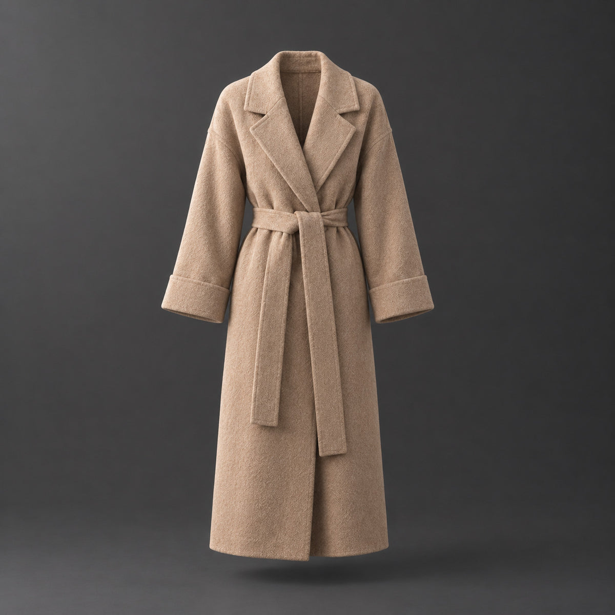 Tamworth Belted Wrap Coat — Camel belted wrap coat displayed alone against a studio backdrop.