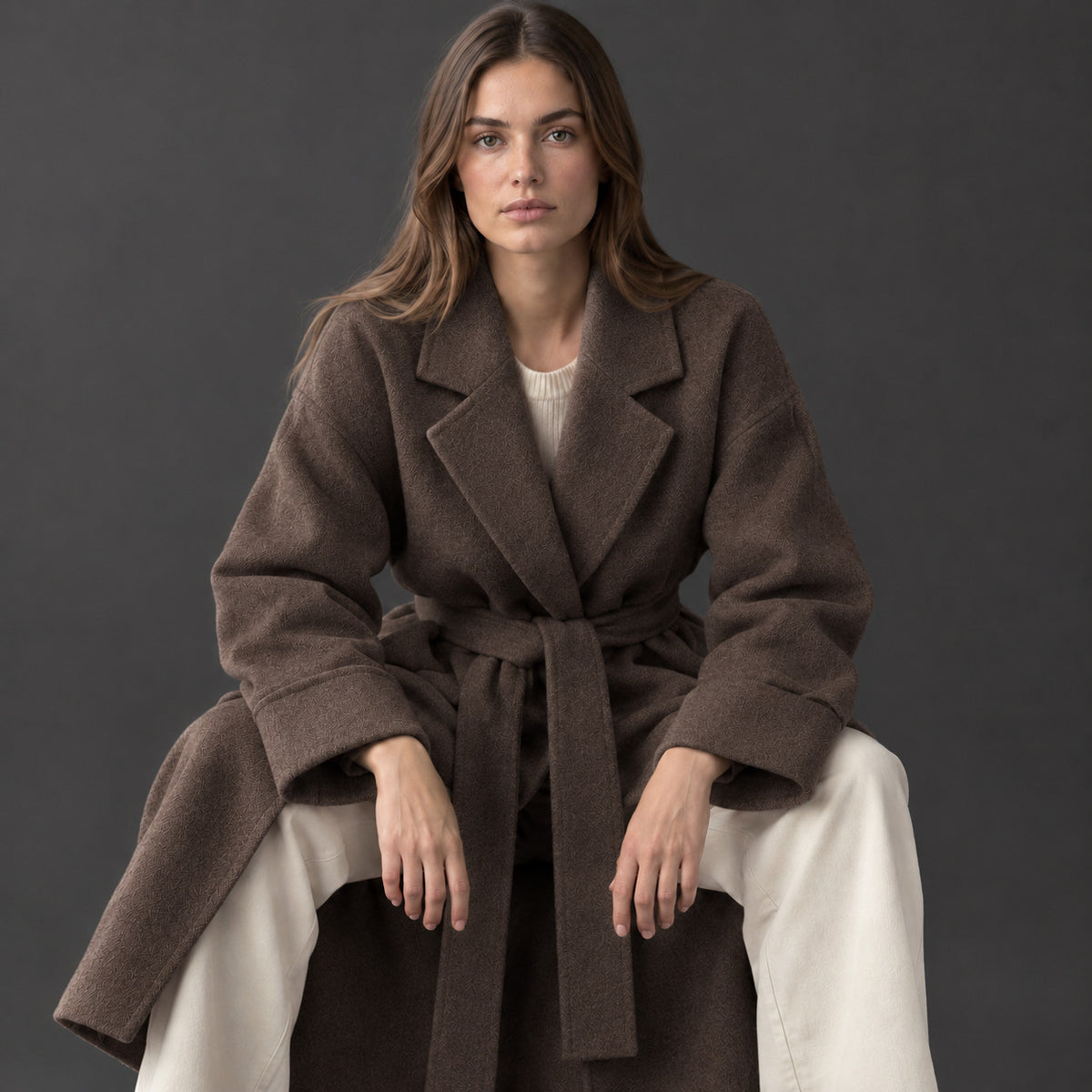 Tamworth Belted Wrap Coat — Brown belted wrap coat worn by a model in a studio setting.