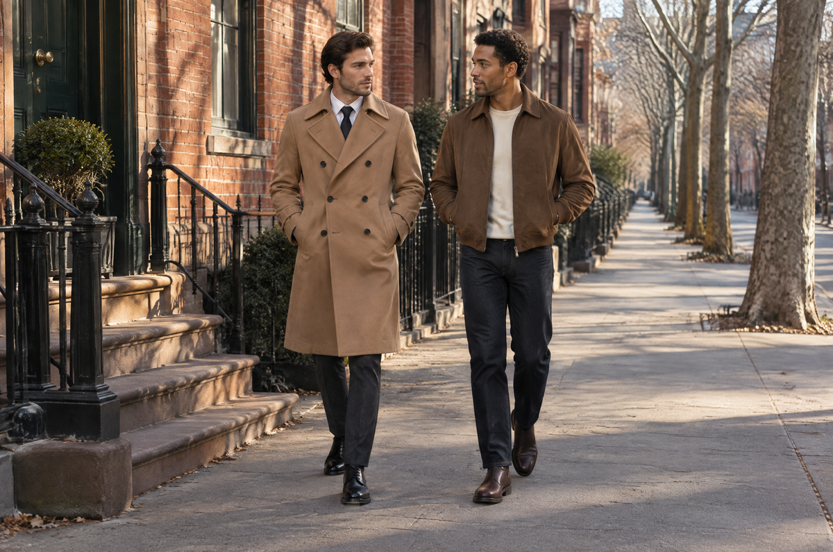 Two men walk down a brownstone street in low winter sun, one in a camel double-breasted trench coat and tie, one in a brown suede jacket and dark jeans