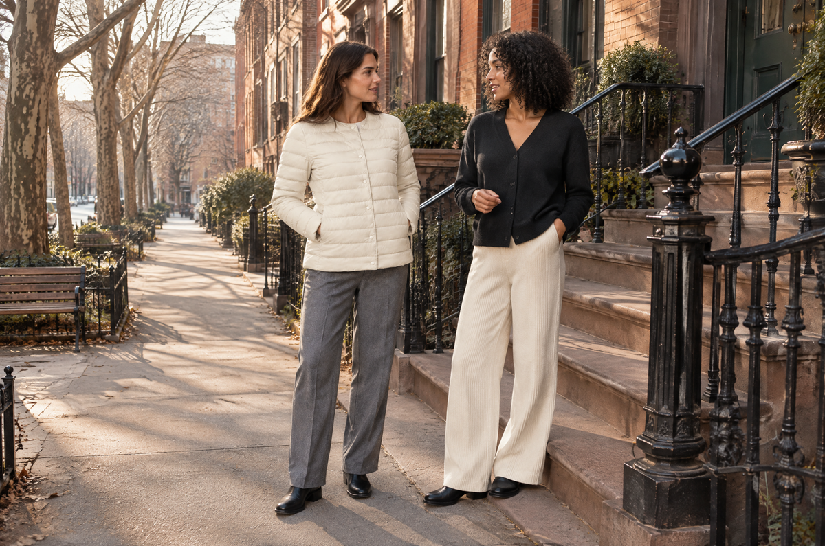 Two women talk at the foot of a brownstone stoop, one in an off-white quilted jacket and gray trousers, one in a black cardigan and off-white ribbed wide-leg trousers