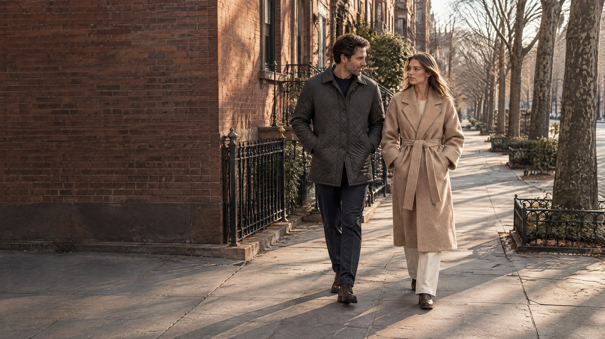 A woman in a belted camel coat and a man in a quilted jacket walking along a tree-lined brick street in winter sun